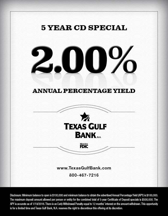 Texas Gulf Bank 5 Year CD Special